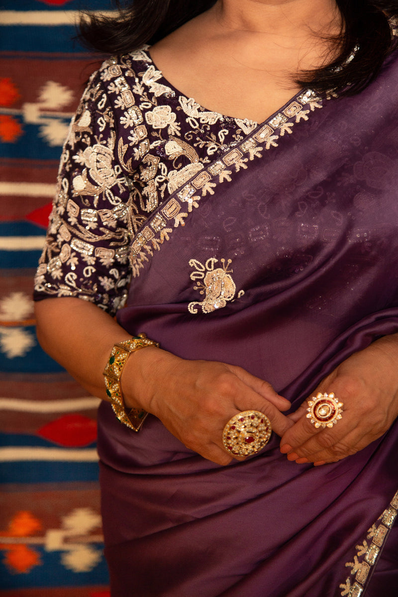Festive Satin Silk Saree in Purple with Free Size Blouse