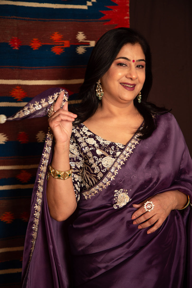 Designer Purple Satin Saree with Embroidered Pallu