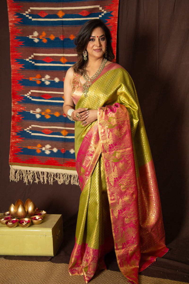 Olive Green and Pink Kanchi Silk Saree with Running Blouse