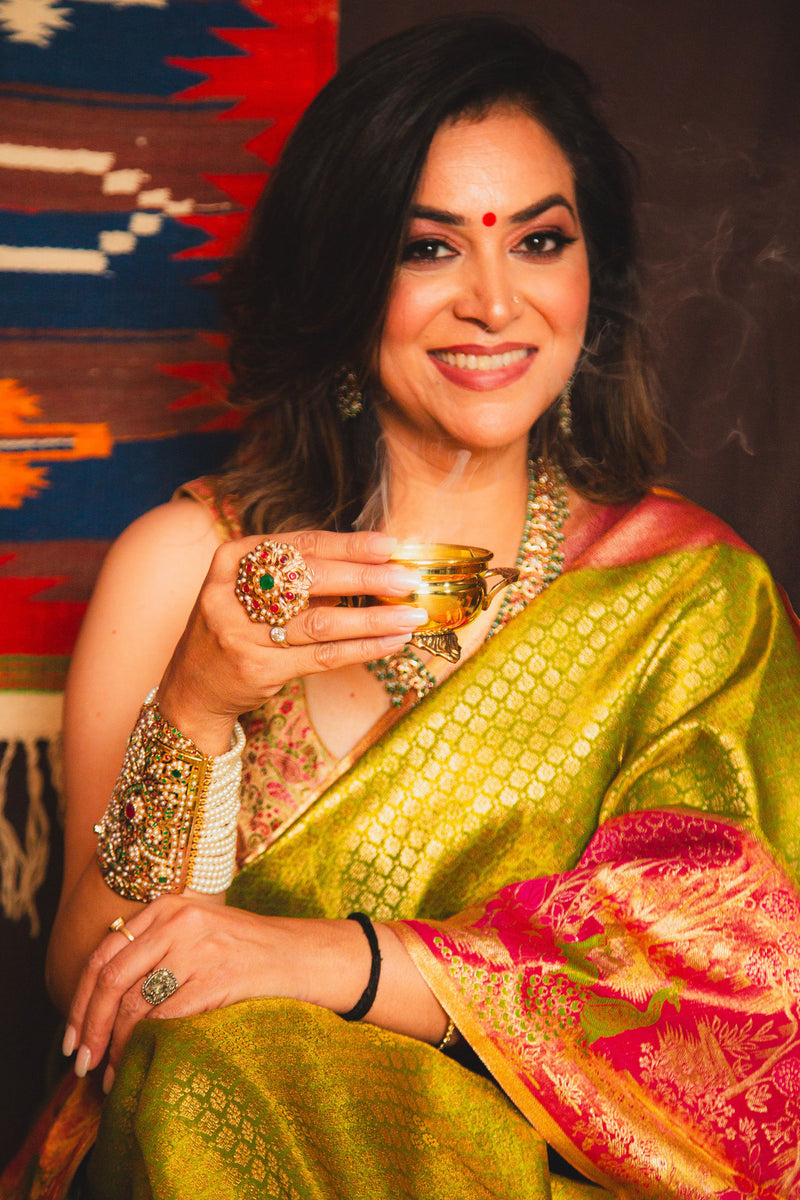 Festive Olive Green Silk Saree with Pink Border