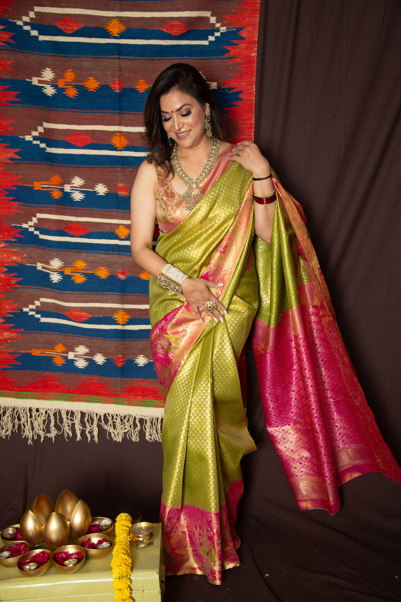 Traditional Kanchipuram Silk Saree in Olive Green and Pink