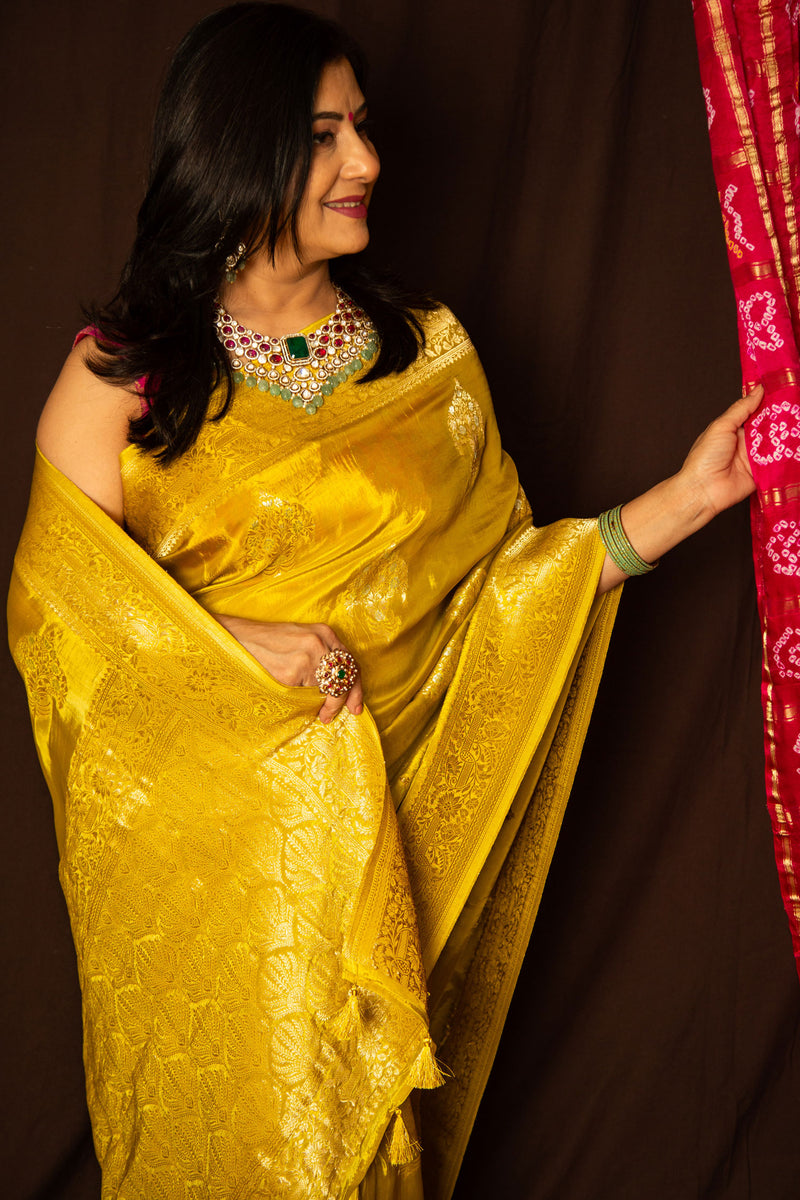 Chrome Yellow Banarasi Crepe Silk Saree with Running Blouse