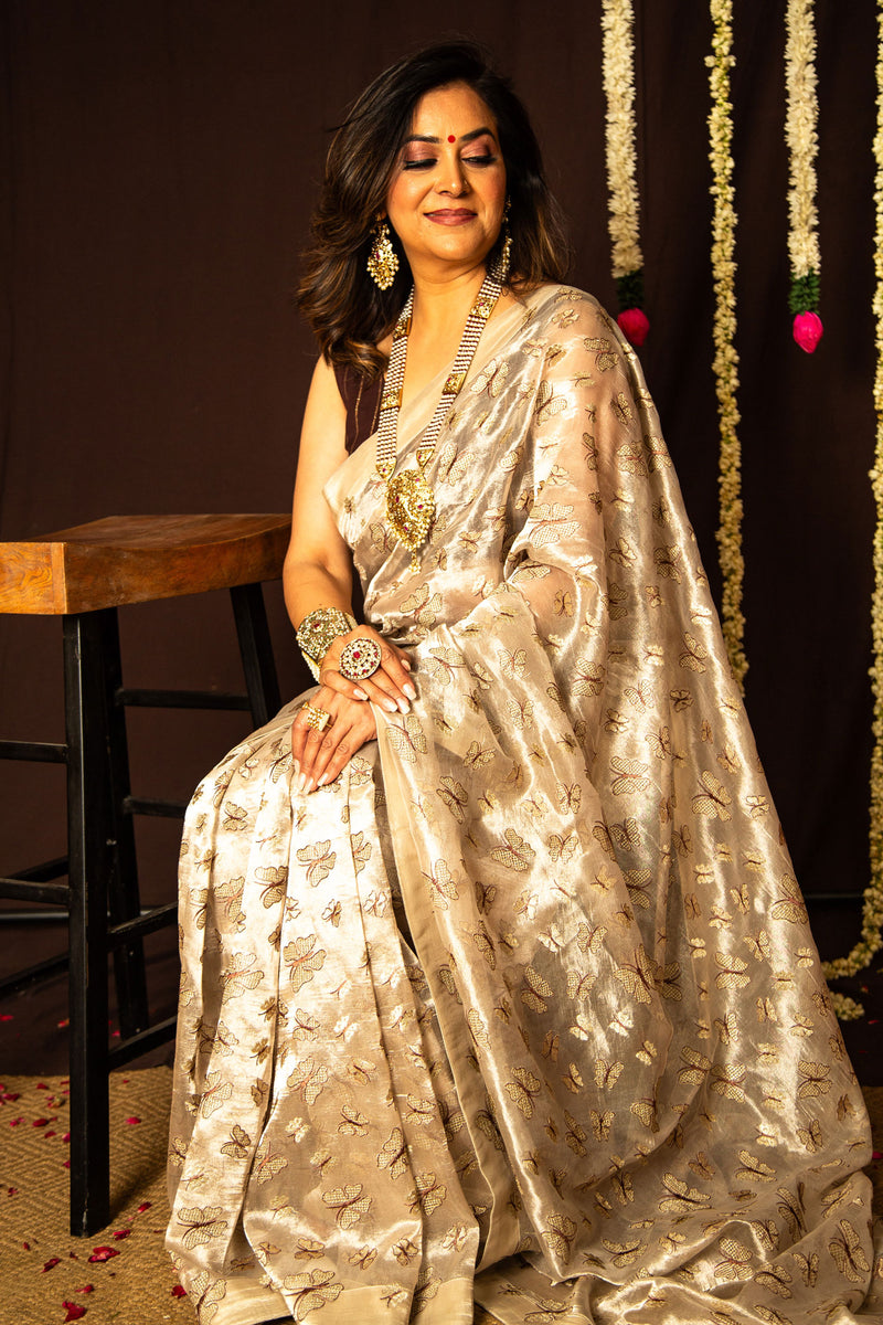Golden Cream Pure Tissue Silk Saree with All Over Butterfly Weaving