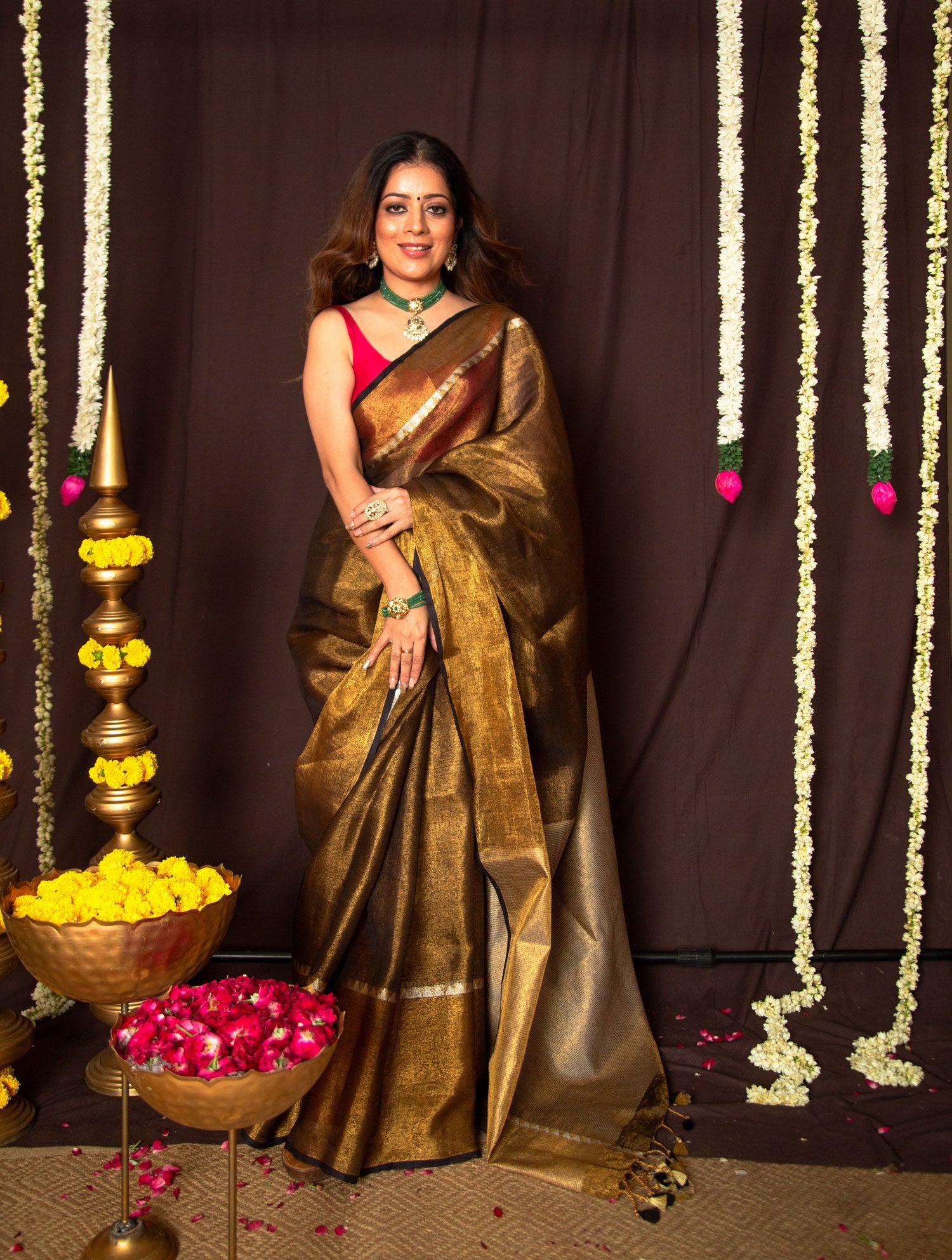 Elegant Copper Linen Saree with Black Border