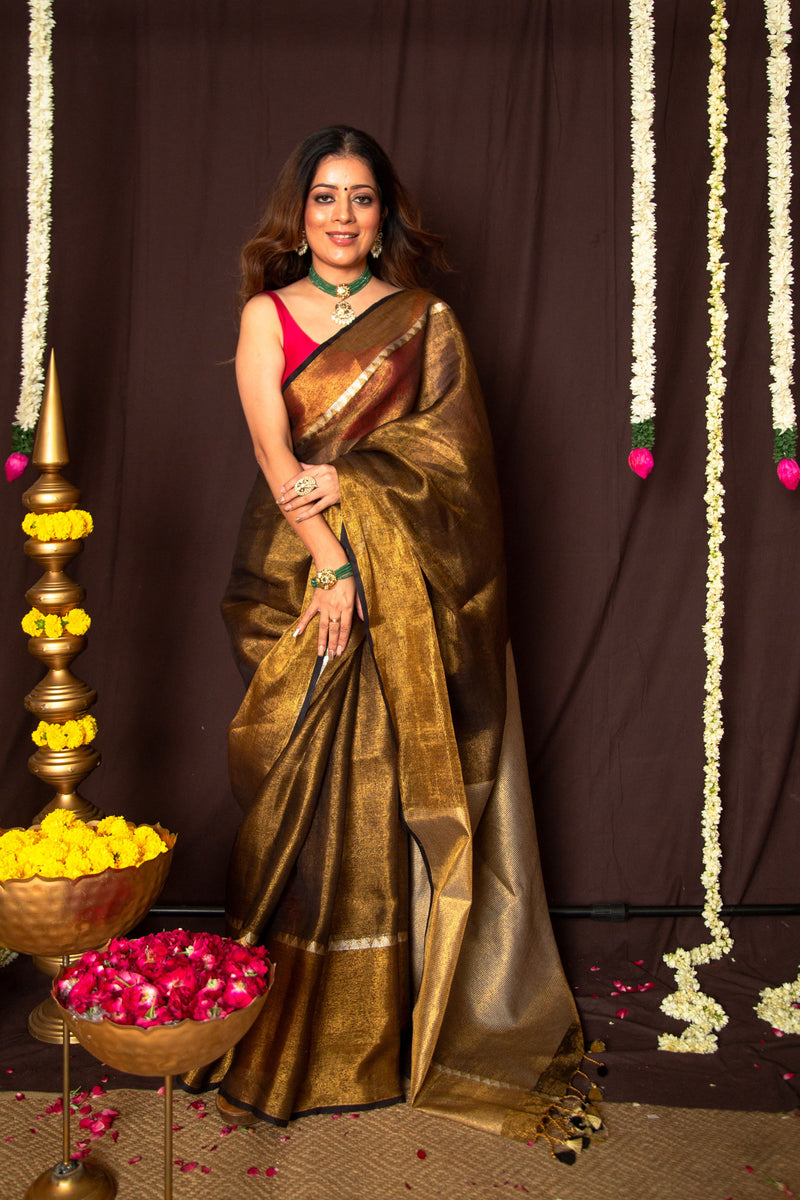 Elegant Copper Linen Saree with Black Border