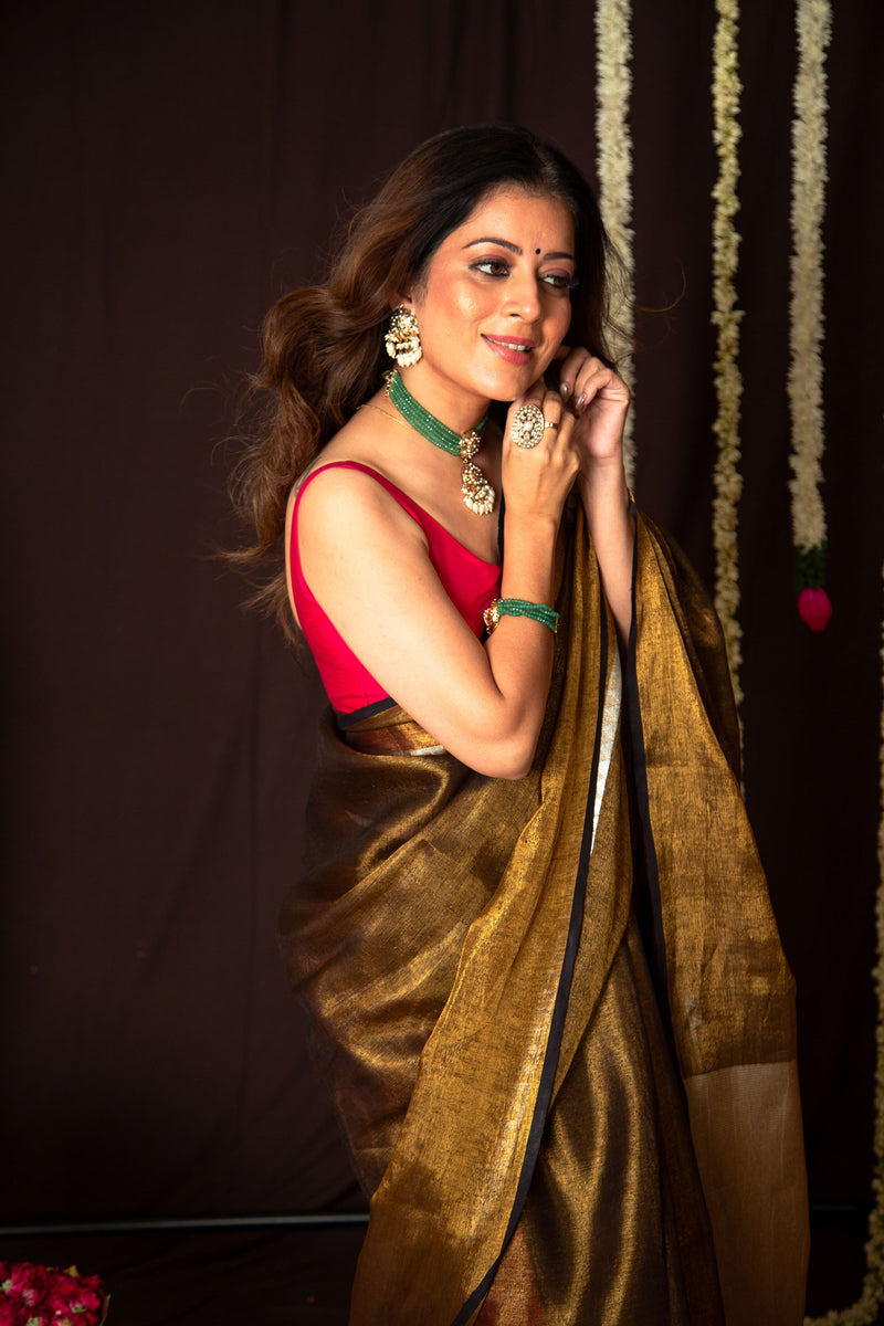 Handwoven Copper and Black Linen Silk Saree