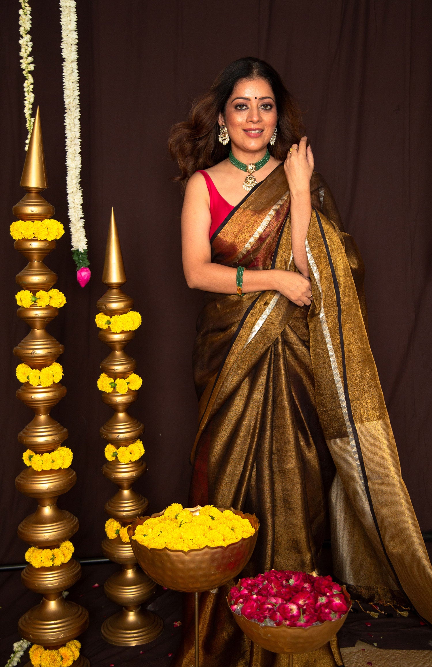 Copper and Black Linen Silk Saree with Running Blouse