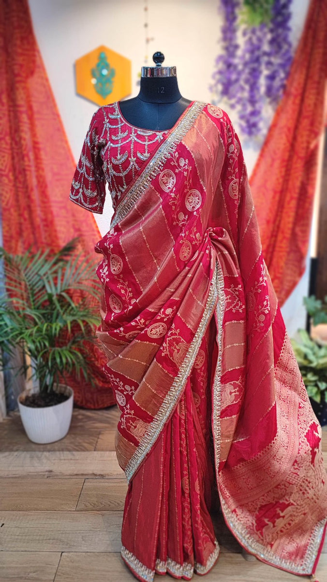 Red Shimmer Georgette Saree with Handwork Border