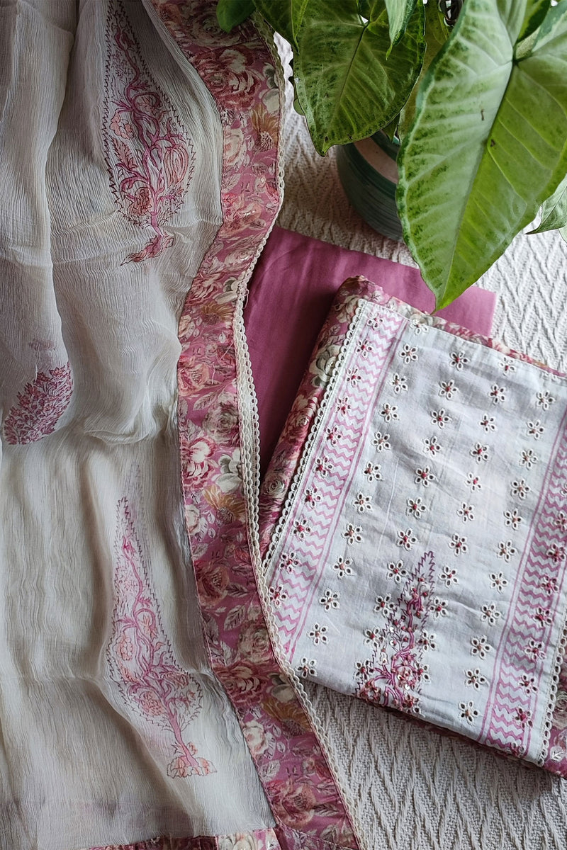 White & Fandango Pink Crape Silk Suit Set with Hakoba Patch Work