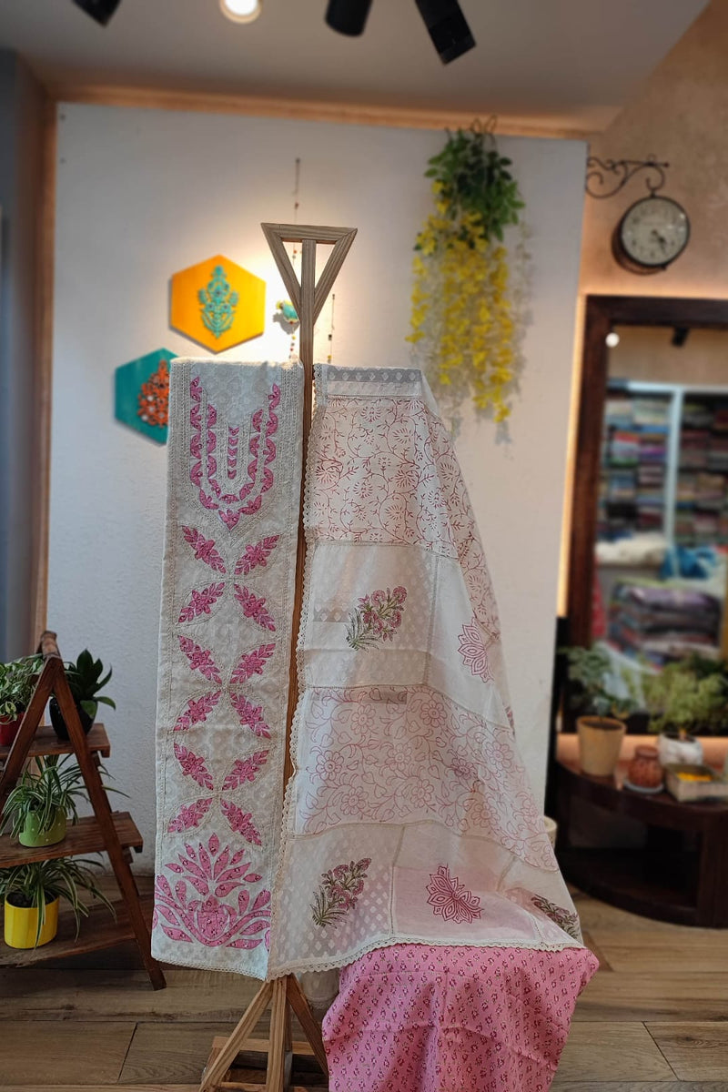 Off-White and Pink Self-Weaving Block Print Kurta with Cotton Dupatta and Bottom