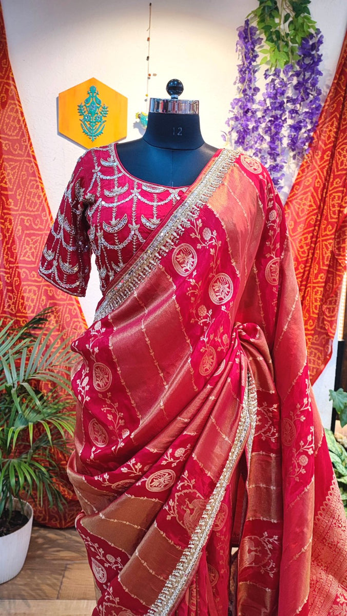 Red Shimmer Georgette Saree with Handwork Border