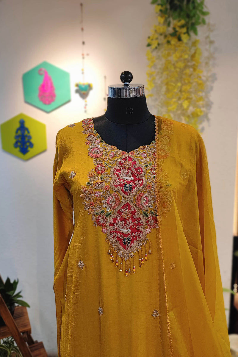 Sunshine Yellow Mul Chanderi 3-Piece Suit Set with Handwork & Chiffon Dupatta