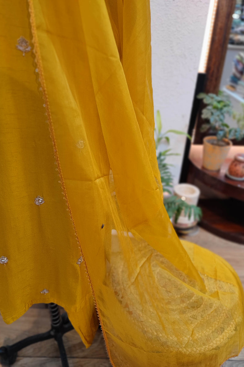Sunshine Yellow Mul Chanderi 3-Piece Suit Set with Handwork & Chiffon Dupatta