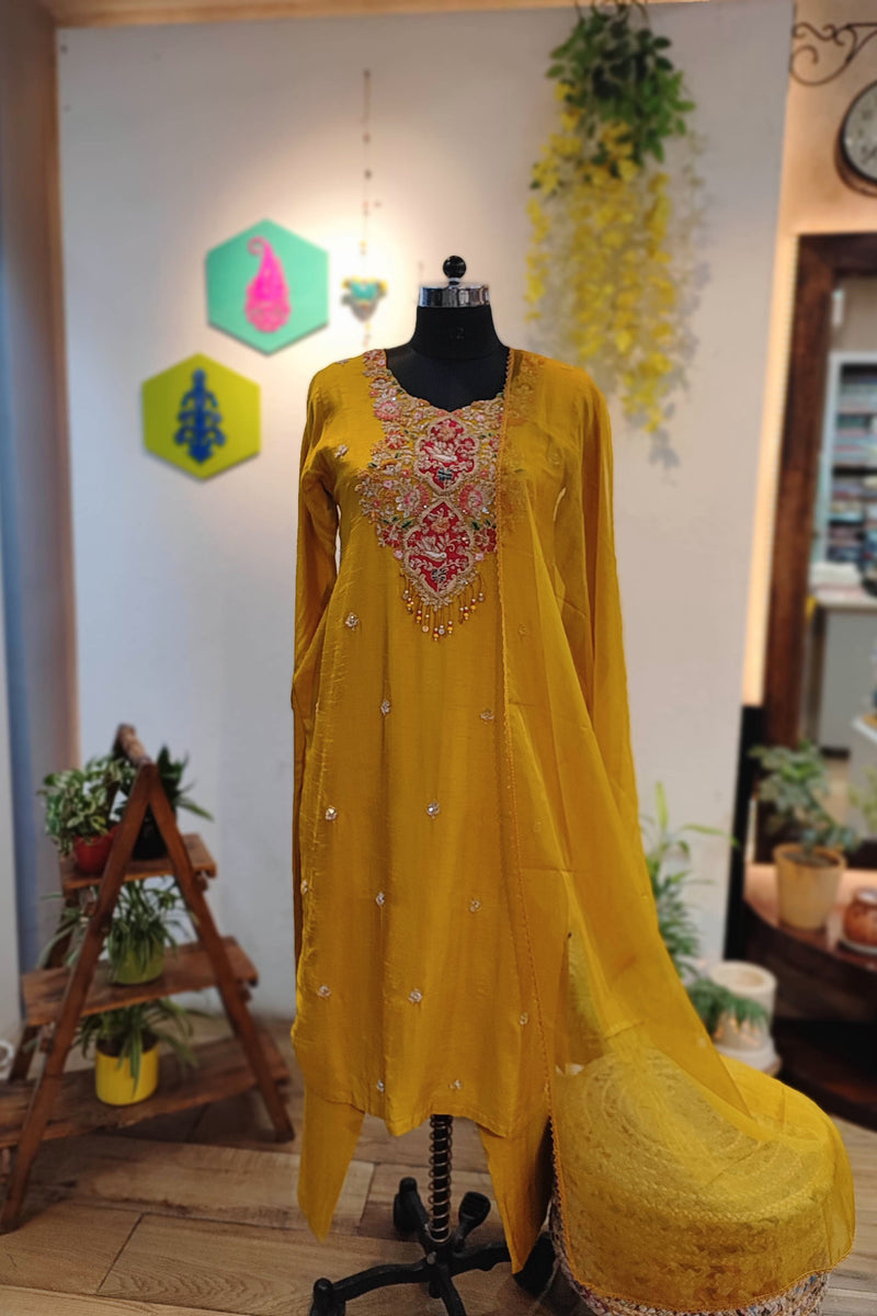 Sunshine Yellow Mul Chanderi 3-Piece Suit Set with Handwork & Chiffon Dupatta