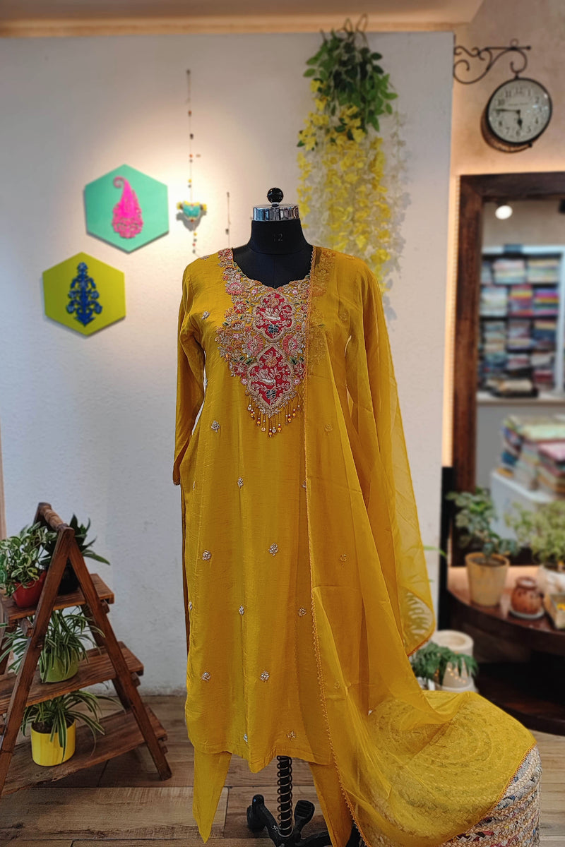 Sunshine Yellow Mul Chanderi 3-Piece Suit Set with Handwork & Chiffon Dupatta