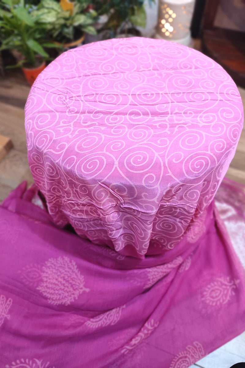 Rani Pink Chiffon Block Printed Saree with Golden Woven Border & Crepe Blouse