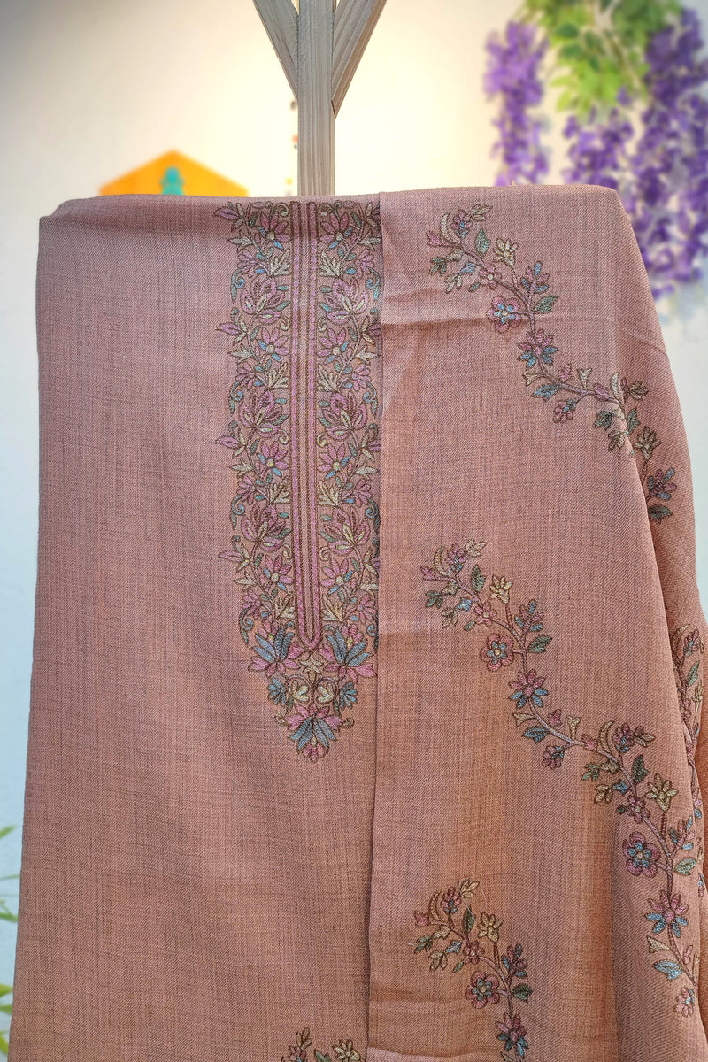Dusty Rose Embroidered Woolen Suit | Floral Winter Dress Material