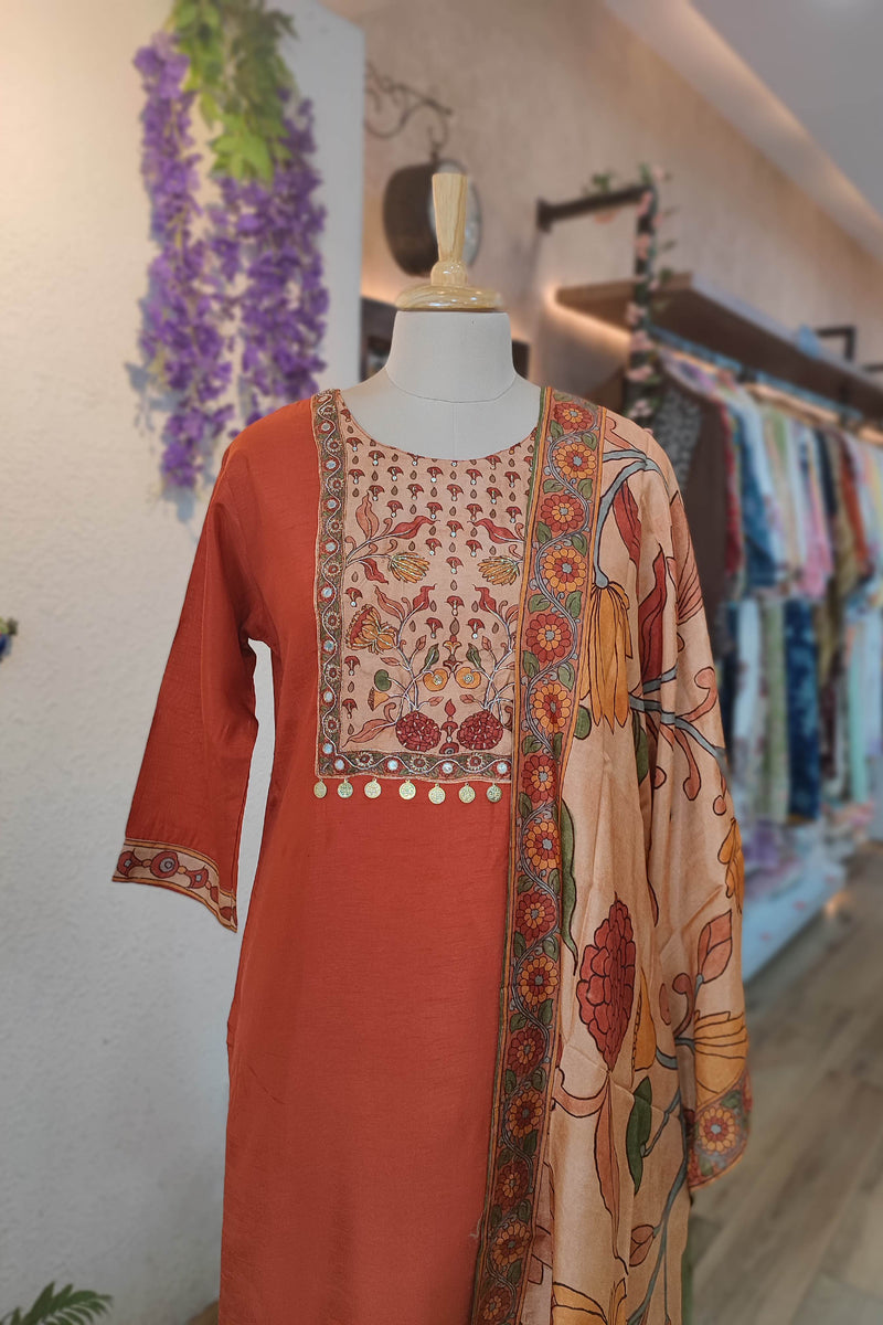 Rust Orange Muslin Ready Suit with Embroidered Kurta & Kalamkari Dupatta