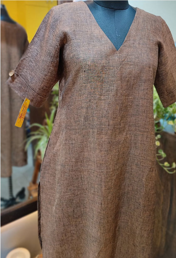 Toasted Brown Pure Linen Loose Fit Kurta with Pocket Detailing (V Neck)