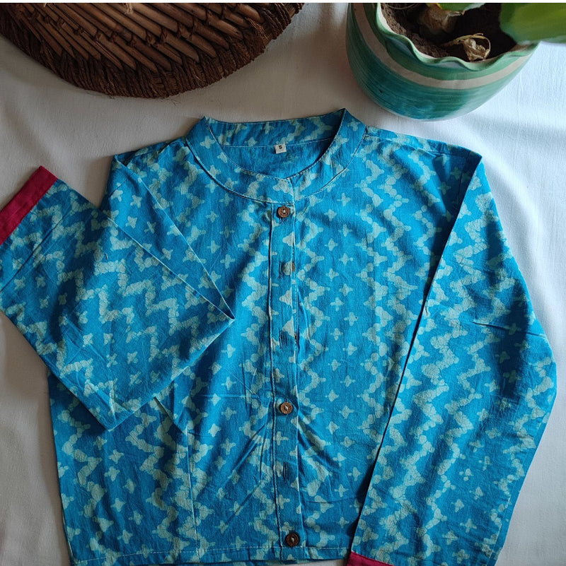 Sky Blue Pure Cotton Handblock Printed Contemporary Blouse/ Crop Top