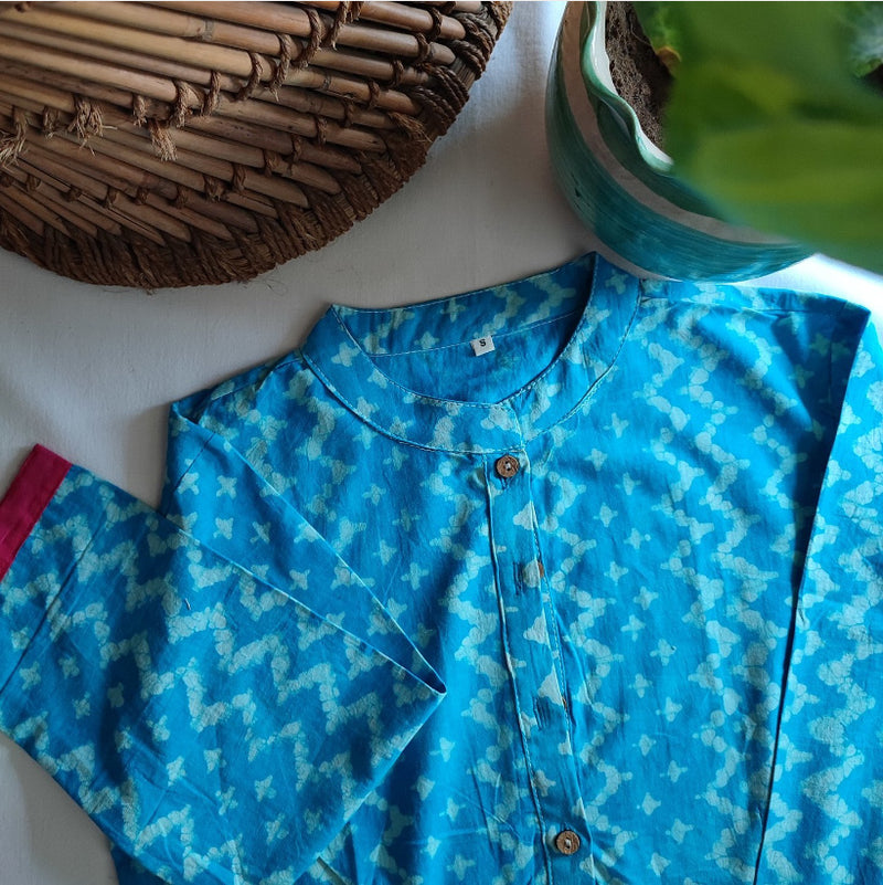 Sky Blue Pure Cotton Handblock Printed Contemporary Blouse/ Crop Top