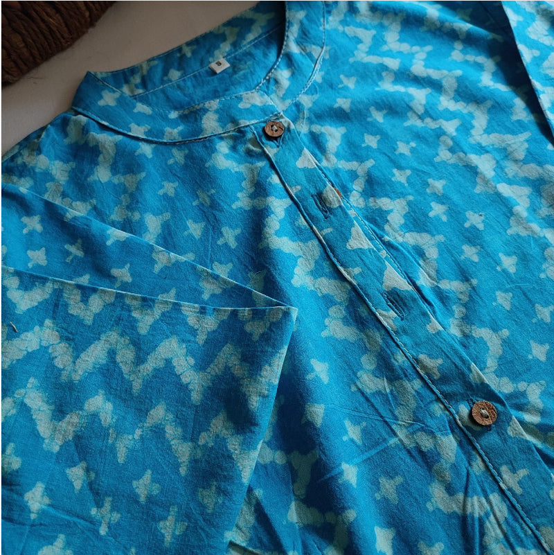 Sky Blue Pure Cotton Handblock Printed Contemporary Blouse/ Crop Top