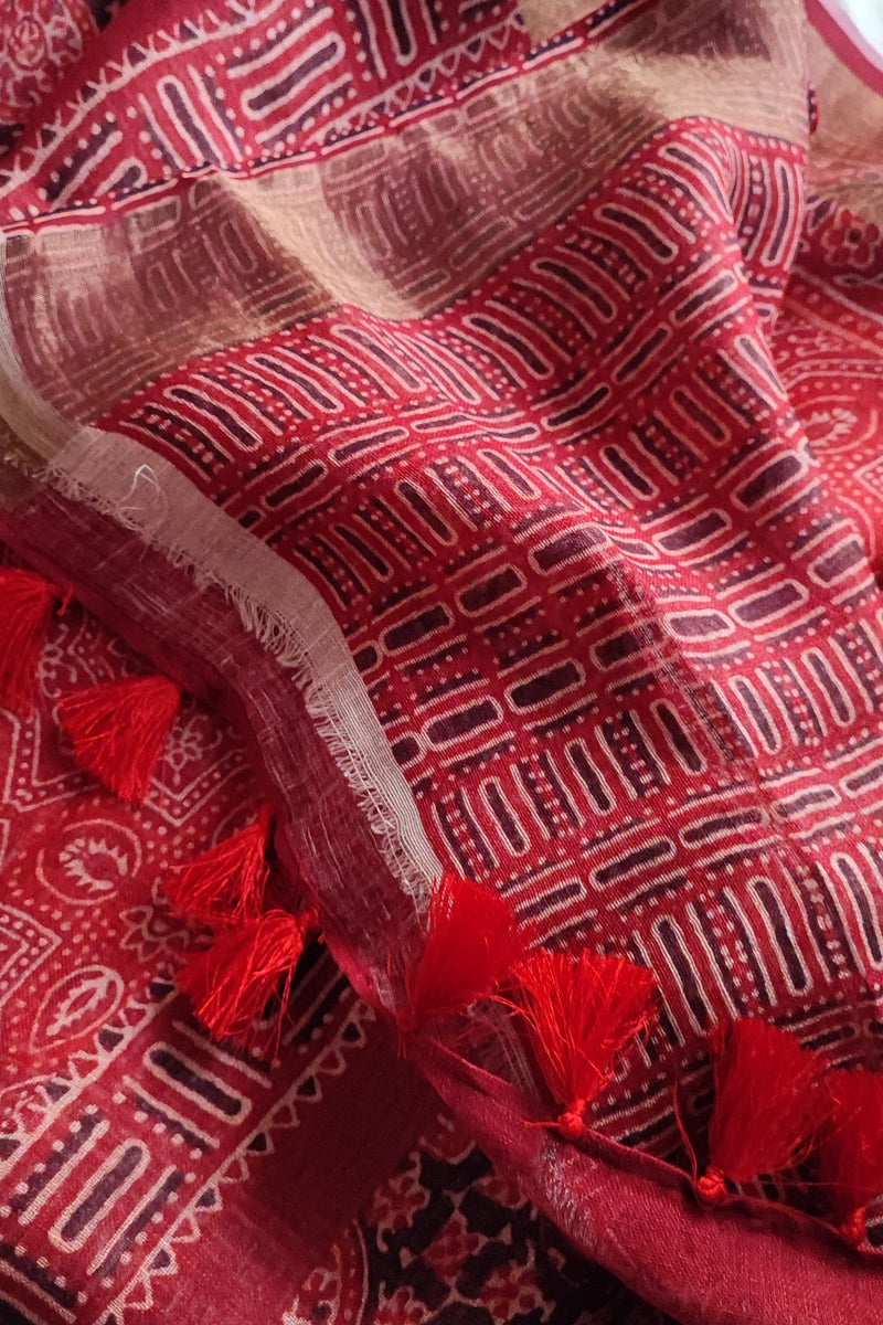 Linen Saree With Ajrakh Print Red