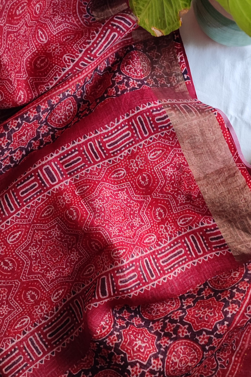 Ajrakh Printed Pure Linen Saree with Tassels Detailing