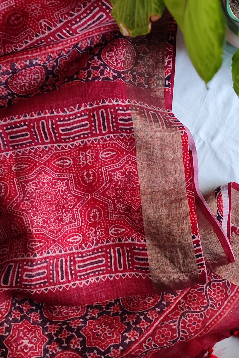 Ajrakh Printed Pure Linen Saree with Tassels Detailing