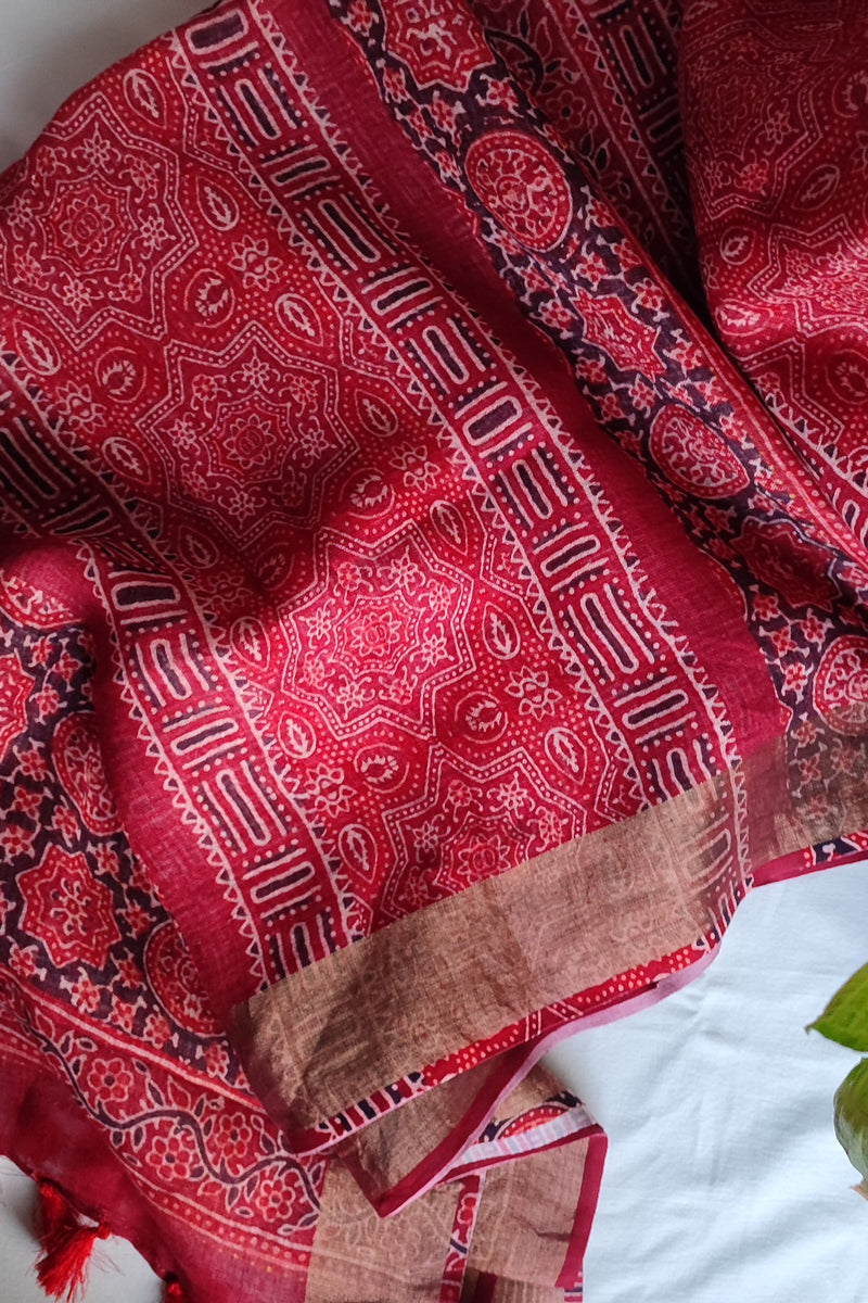 Ajrakh Printed Pure Linen Saree with Tassels Detailing