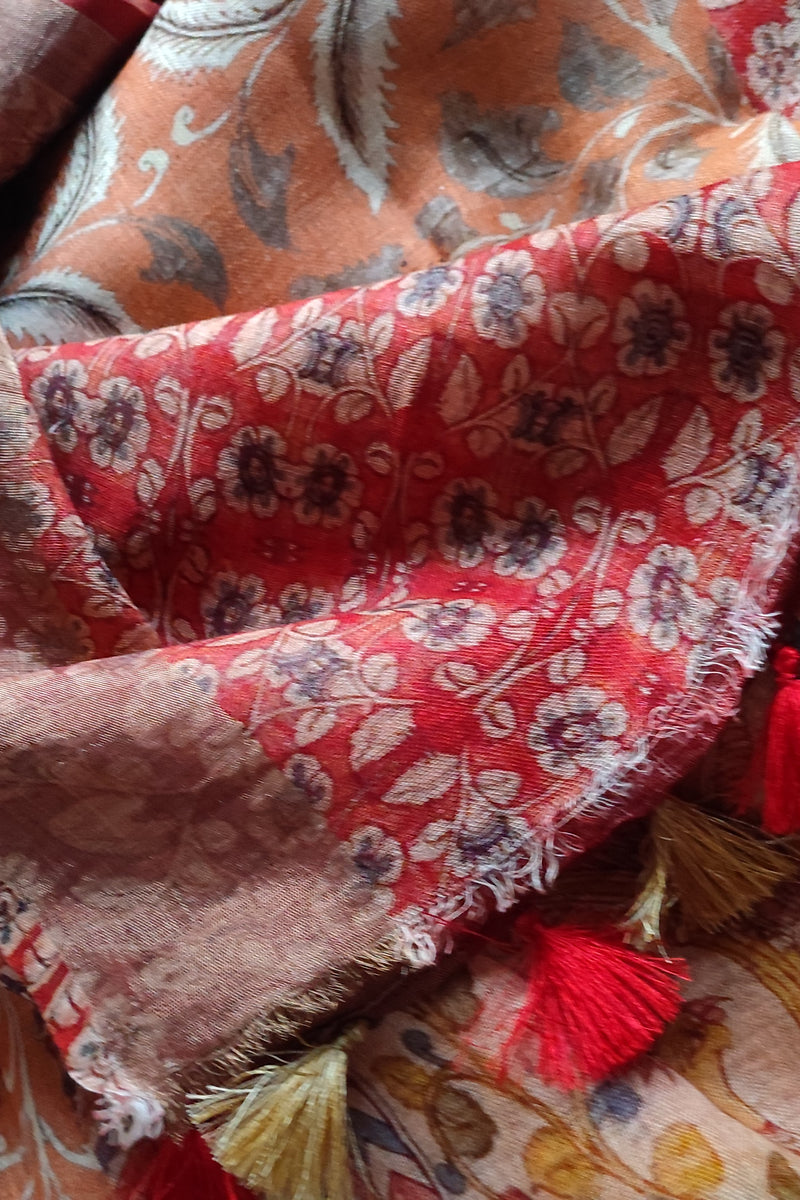 Peach Coral Pure Linen Floral Printed Saree with Tassels Detailing