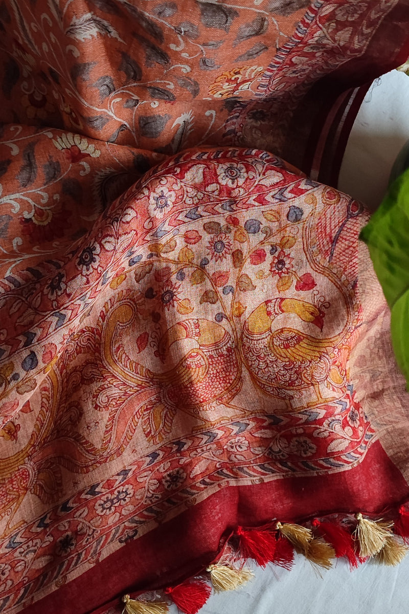 Peach Coral Pure Linen Floral Printed Saree with Tassels Detailing