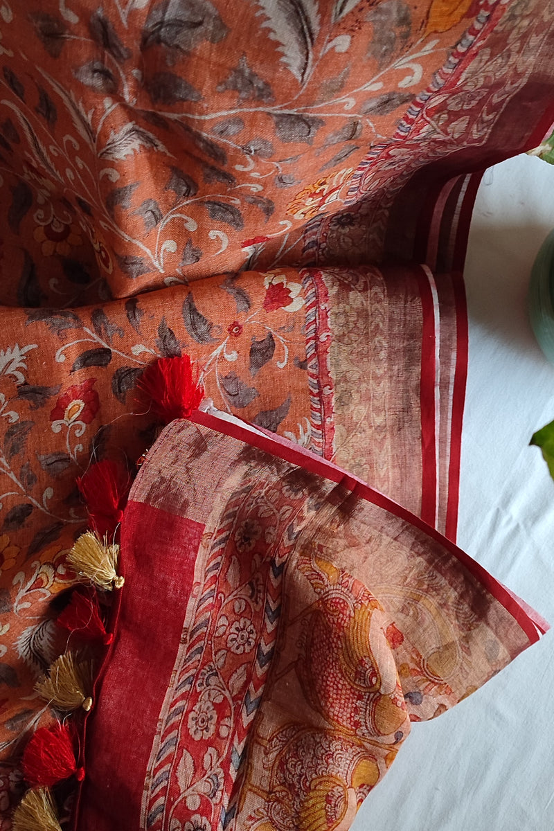 Peach Coral Pure Linen Floral Printed Saree with Tassels Detailing