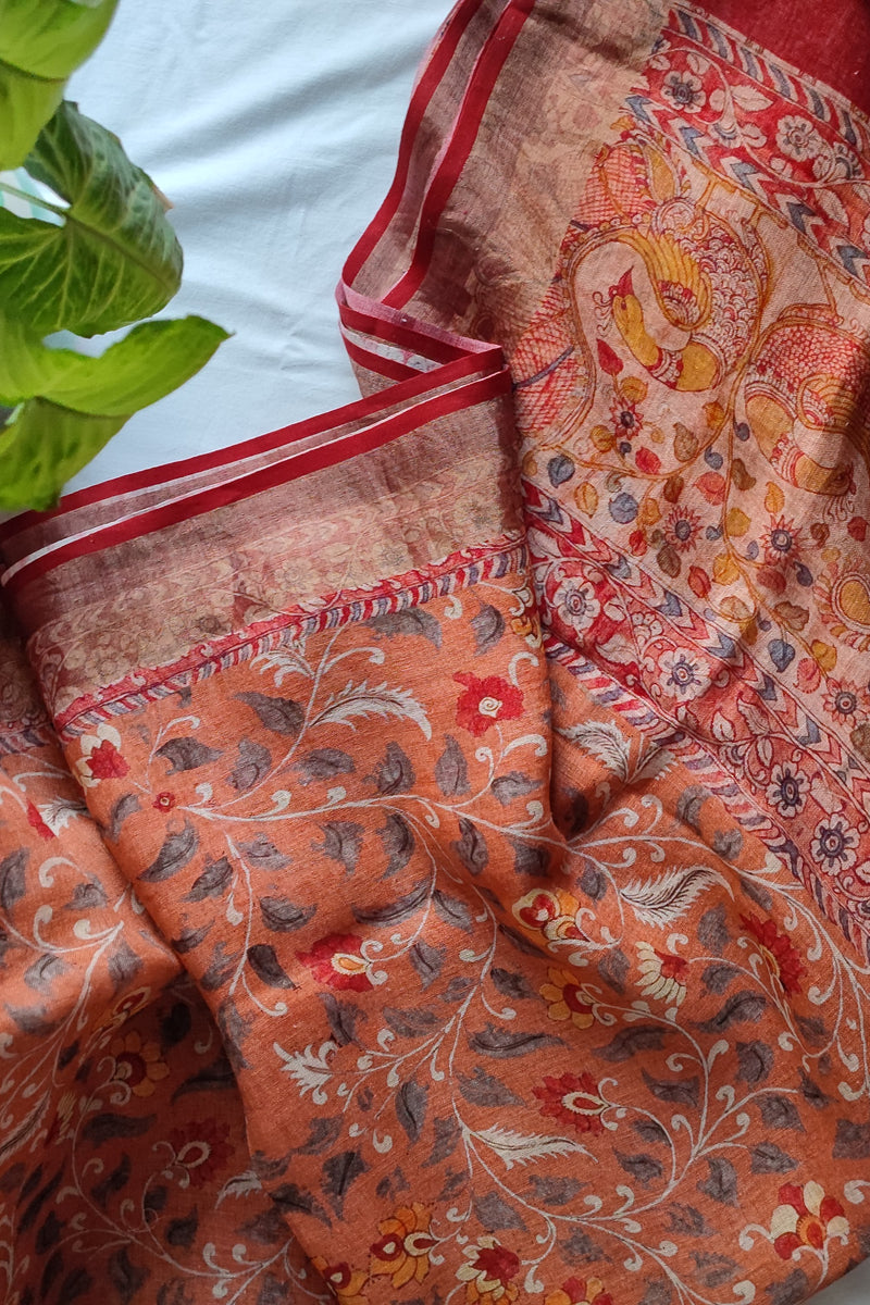 Peach Coral Pure Linen Floral Printed Saree with Tassels Detailing