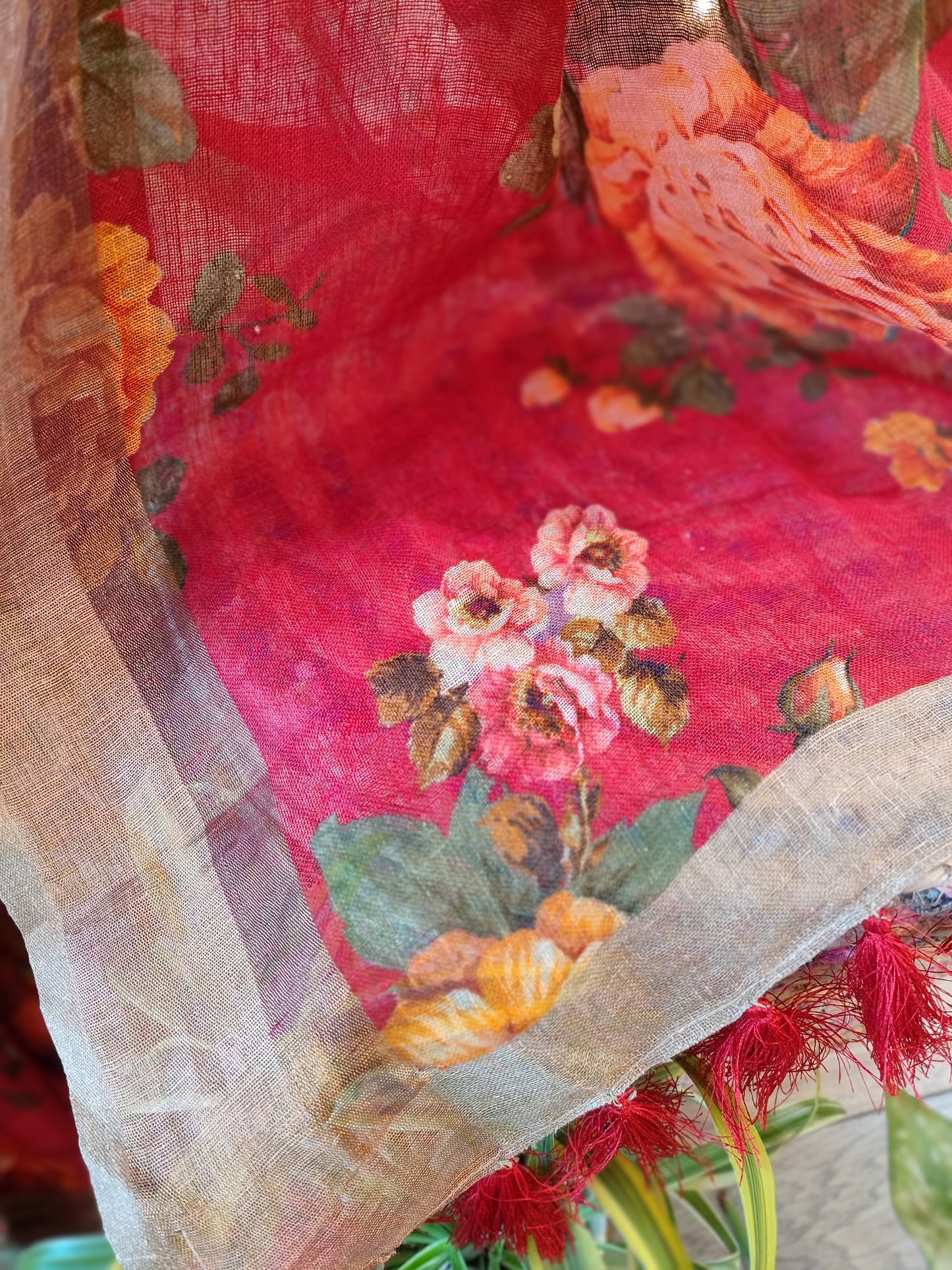 Rhubarb Red Linen Floral Printed Saree with Tassels Detailing