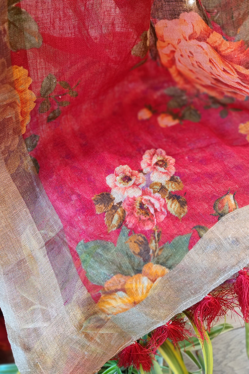 Rhubarb Red Linen Floral Printed Saree with Tassels Detailing