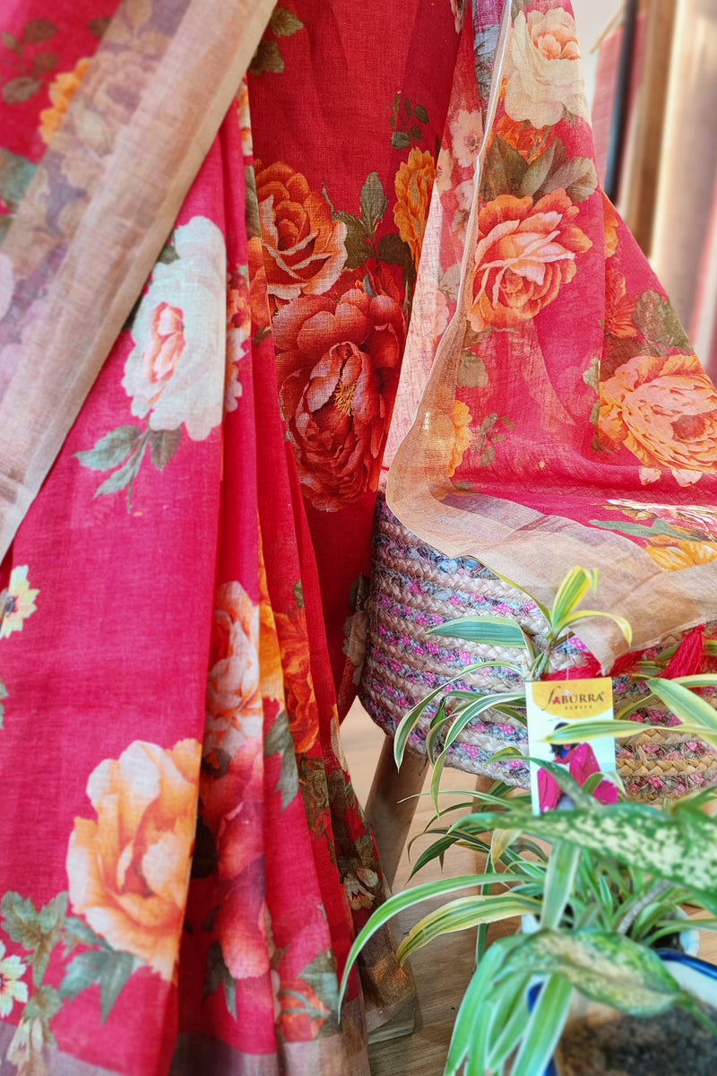 Rhubarb Red Linen Floral Printed Saree with Tassels Detailing