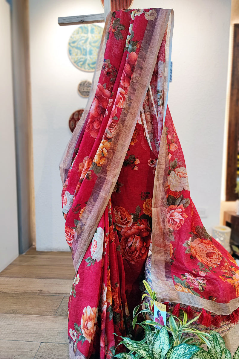 Rhubarb Red Linen Floral Printed Saree with Tassels Detailing