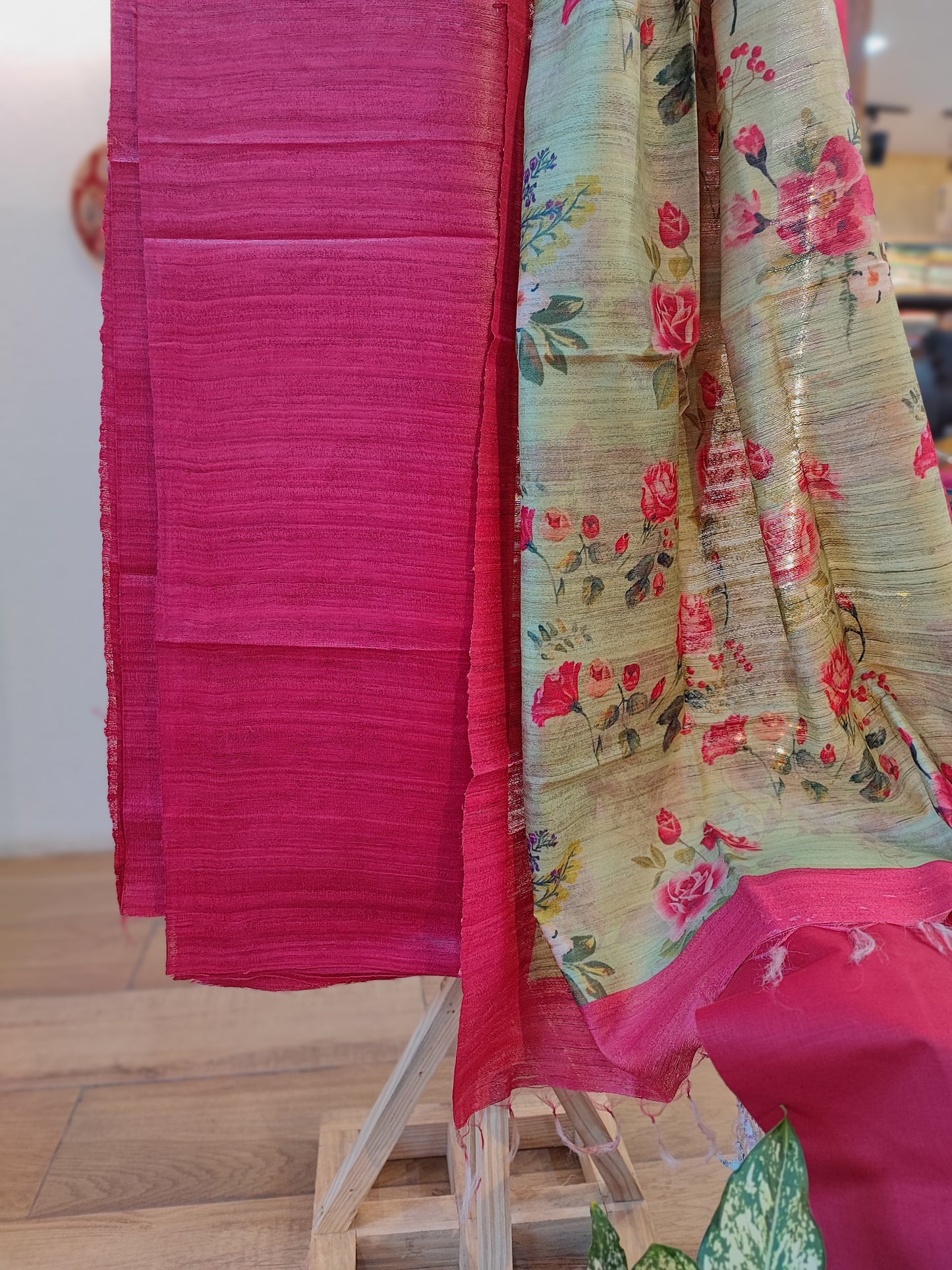 Pink and sage Green Tussar Gheecha Silk Suit With Dupatta
