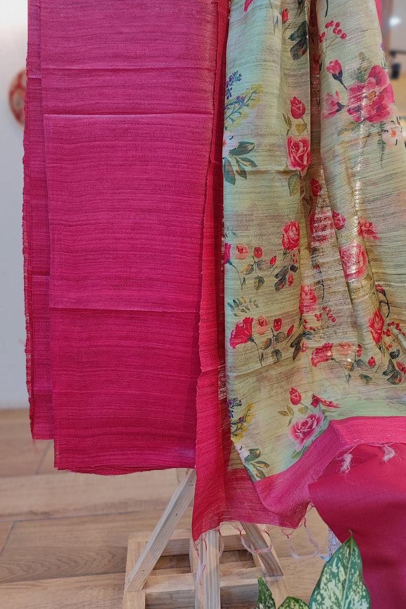 Pink and sage Green Tussar Gheecha Silk Suit With Dupatta