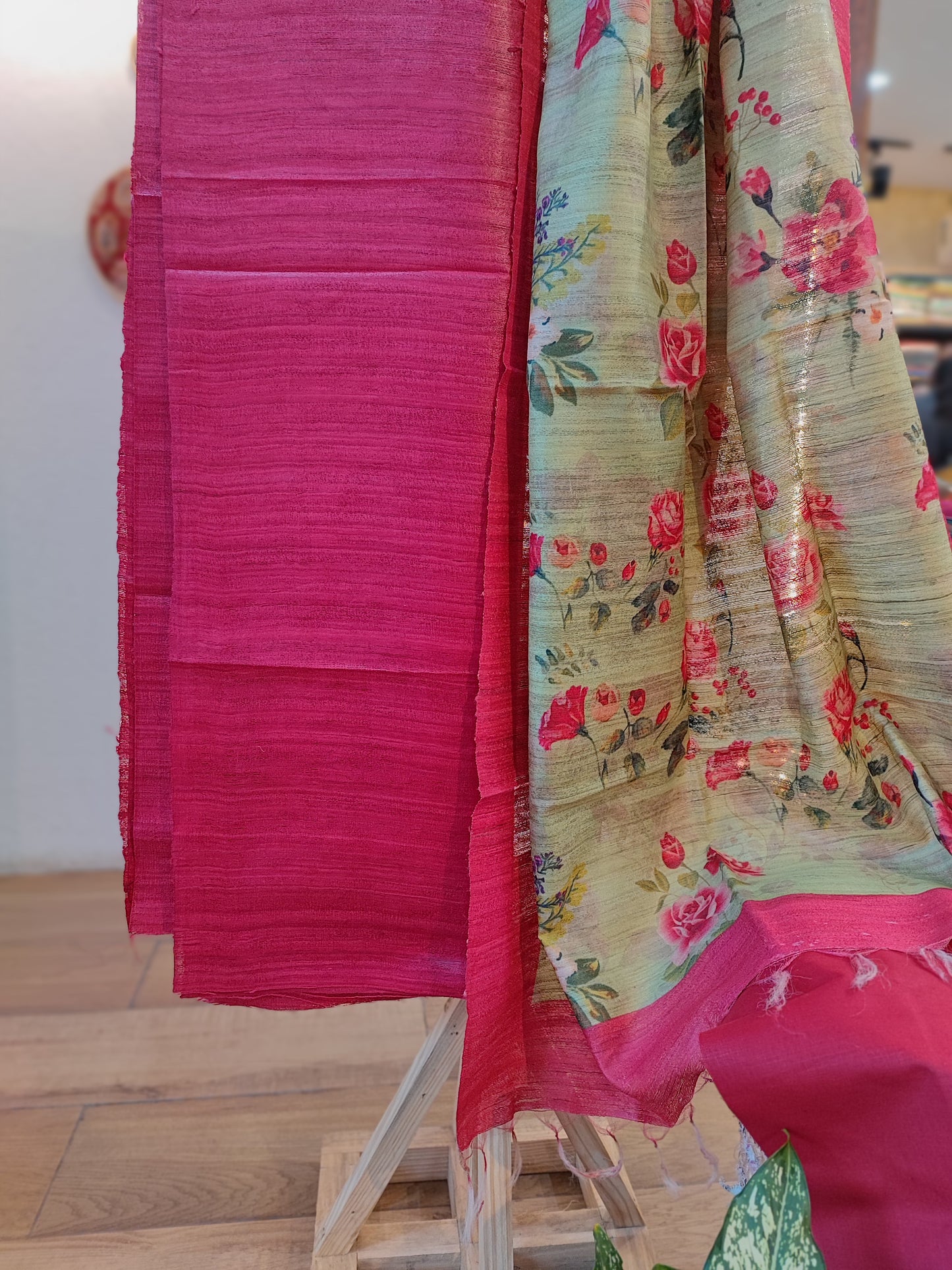 Pink and sage Green Tussar Gheecha Silk Suit With Dupatta