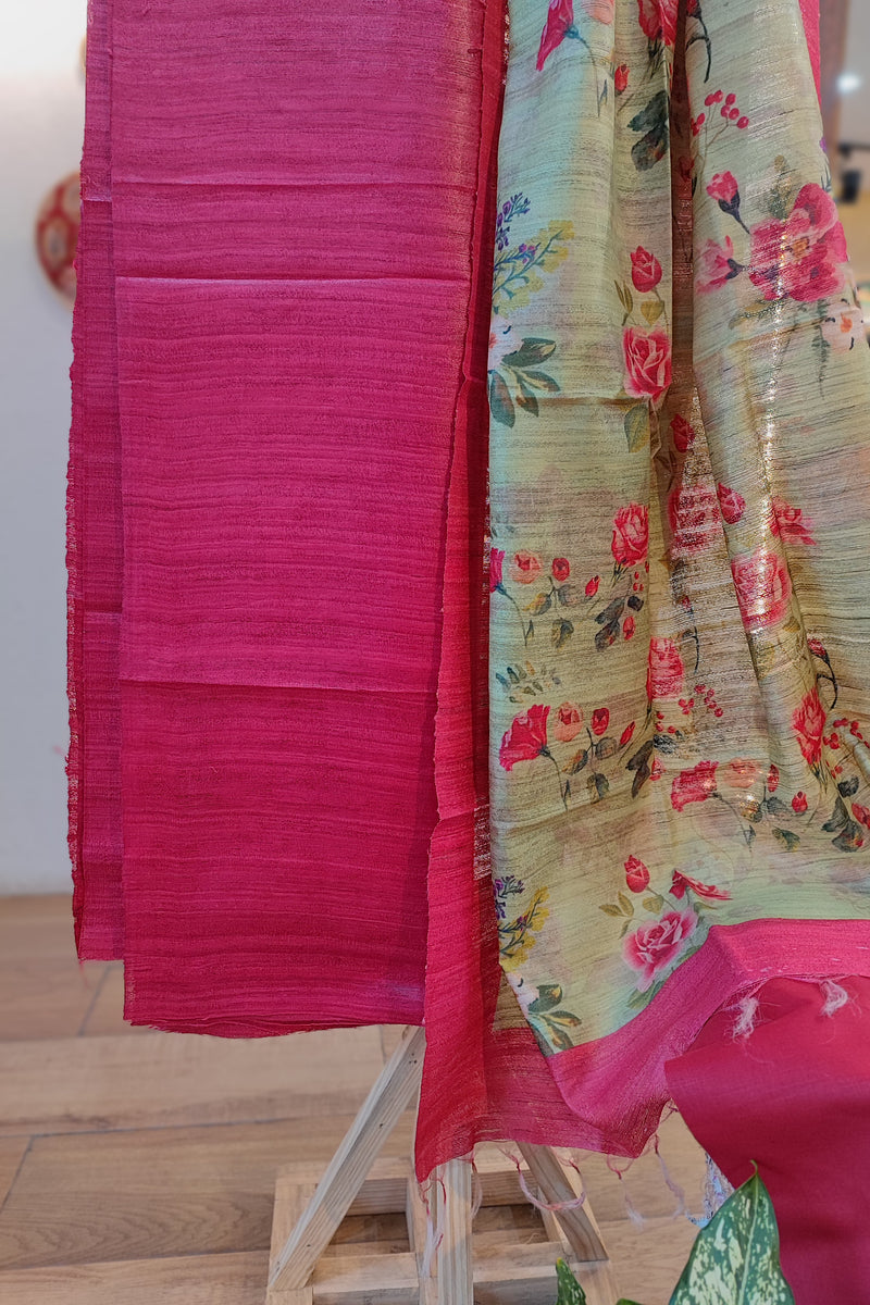Pink and sage Green Tussar Gheecha Silk Suit With Dupatta