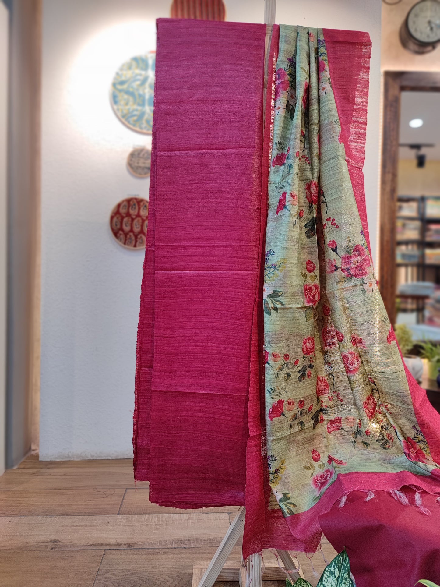 Pink and sage Green Tussar Gheecha Silk Suit With Dupatta