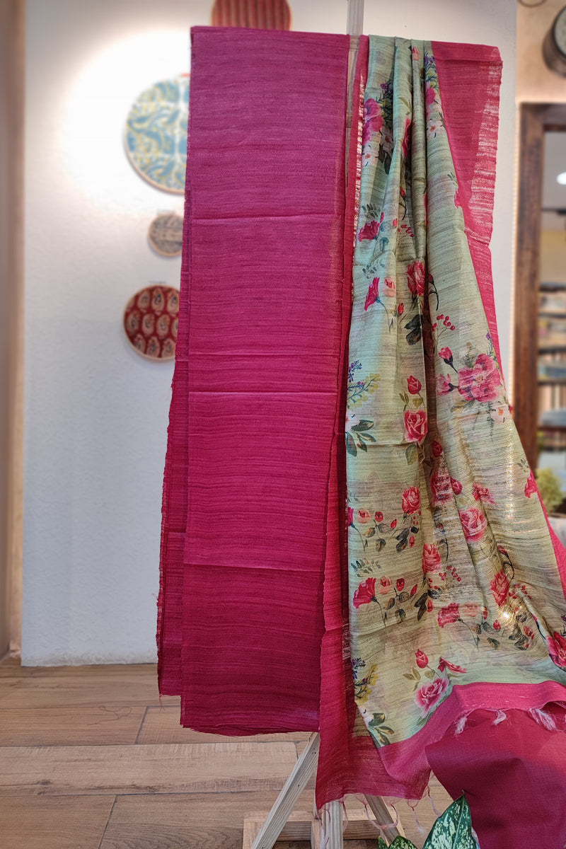 Pink and sage Green Tussar Gheecha Silk Suit With Dupatta