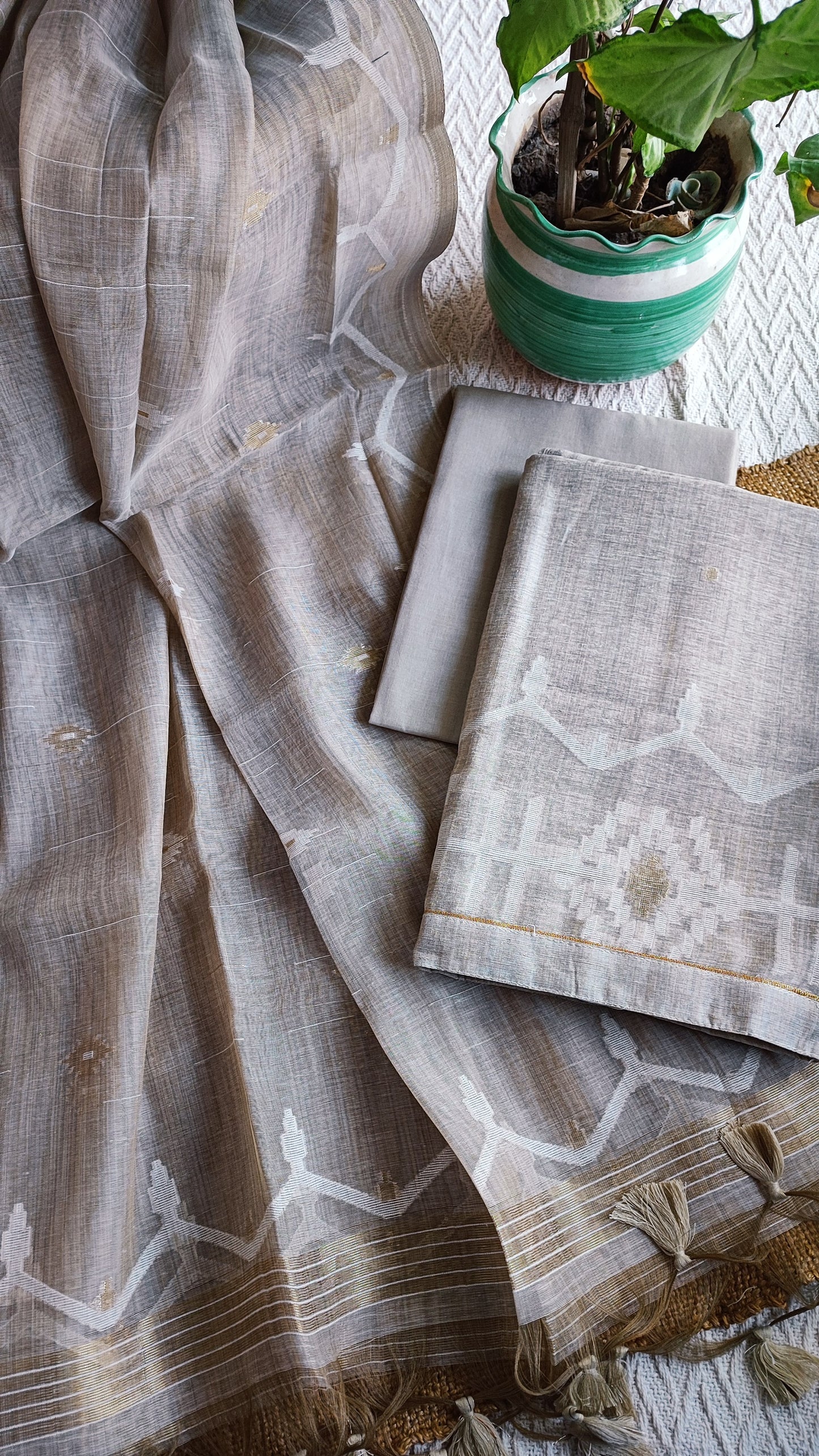 Beige Chanderi Silk by Resham Woven Jamdani Suit