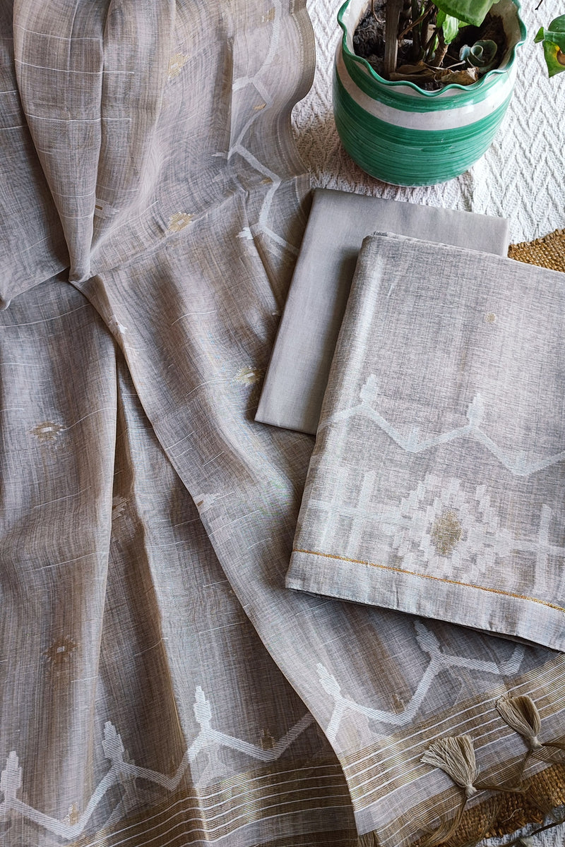 Beige Chanderi Silk by Resham Woven Jamdani Suit