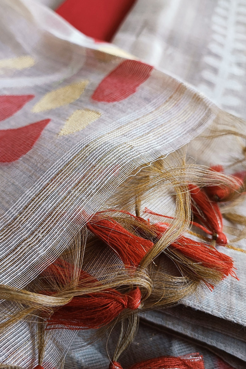 Red and Beige Chanderi Silk by Resham Woven Jamdani Suit