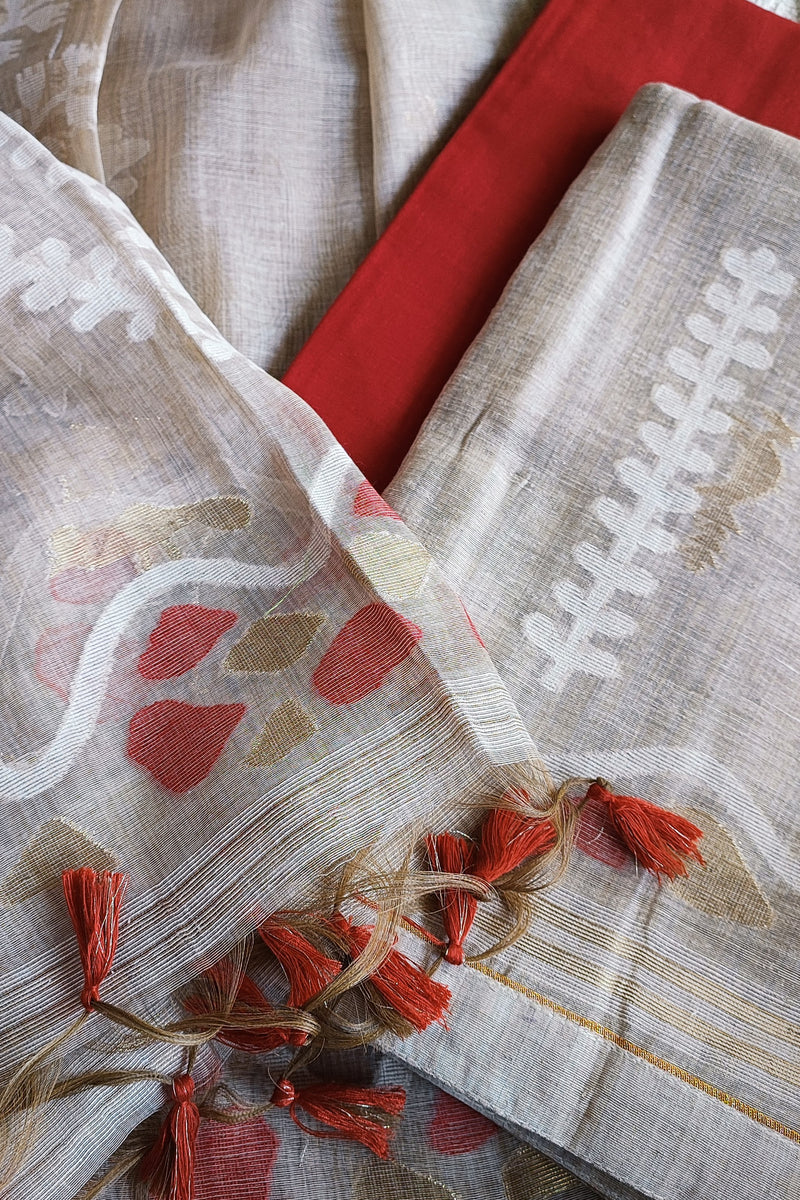 Red and Beige Chanderi Silk by Resham Woven Jamdani Suit