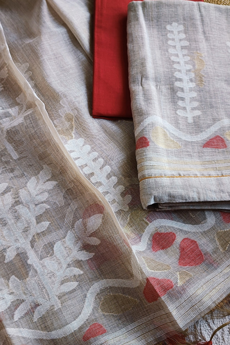 Red and Beige Chanderi Silk by Resham Woven Jamdani Suit