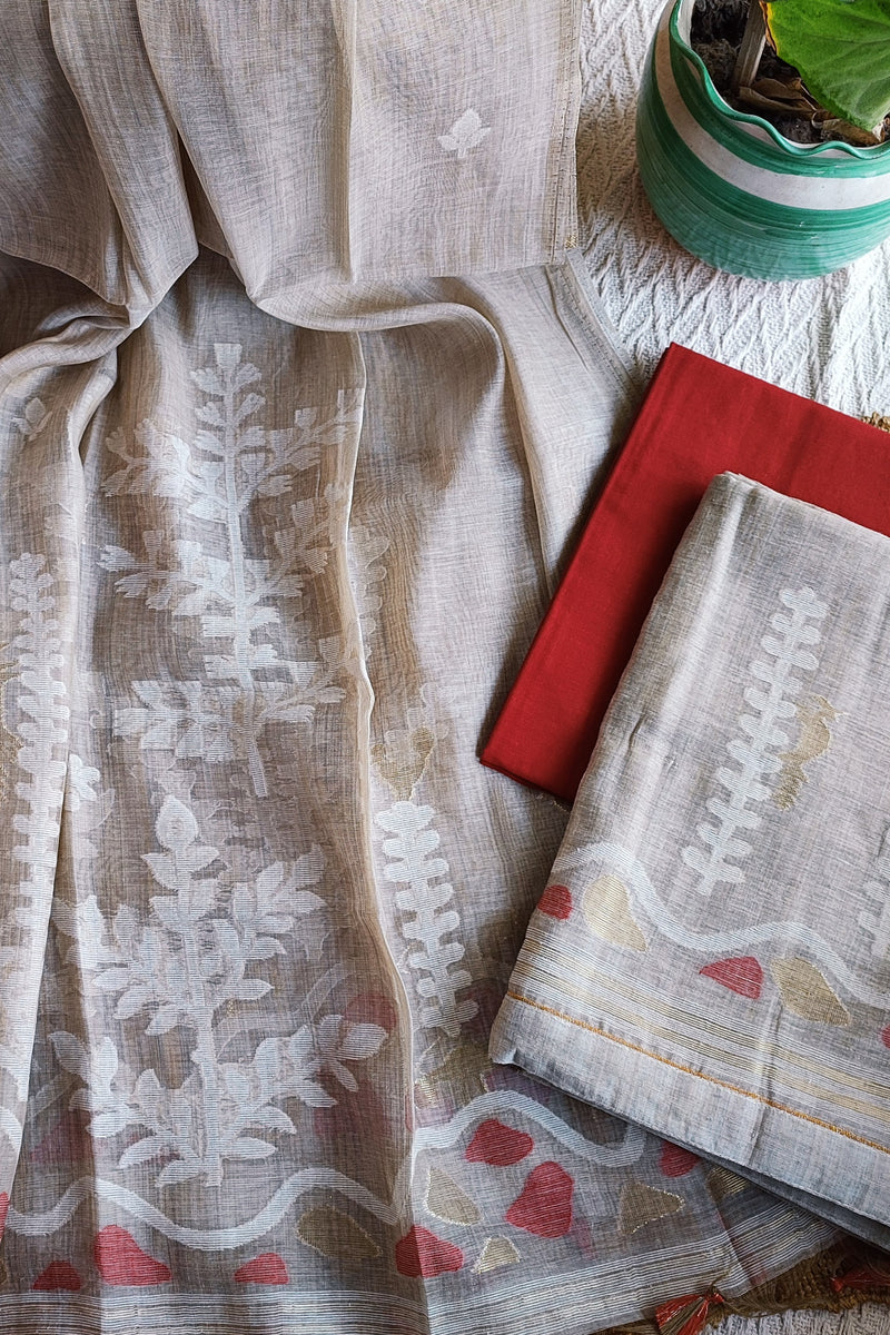 Red and Beige Chanderi Silk by Resham Woven Jamdani Suit